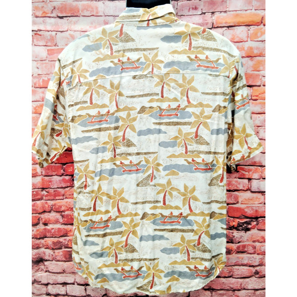 Woolrich Hawaiian Shirt Mens M Beige Palm Beach Print Short Sleeve Button Down - Picture 2 of 7